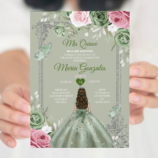 Sage Green Pink Mis Quince 15 Anos Crown Einladung