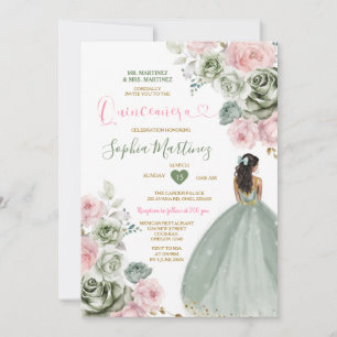 Sage Green & Pink Princess Floral Gold Quiñceanera Einladung