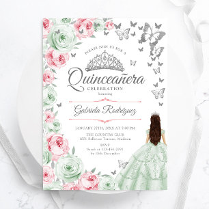 Sage Green Pink Roses Floral Quinceanera Einladung