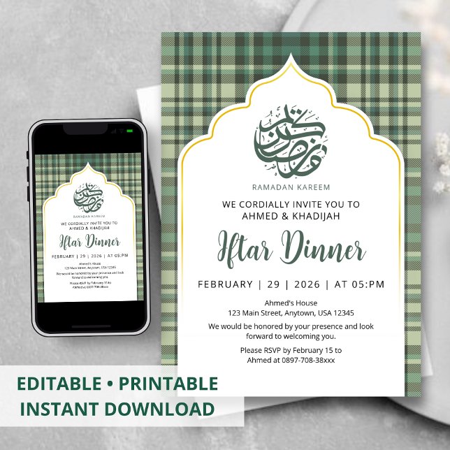 Sage Green Plaid Pattern Ramadan Iftar Invitation Einladung (Von Creator hochgeladen)