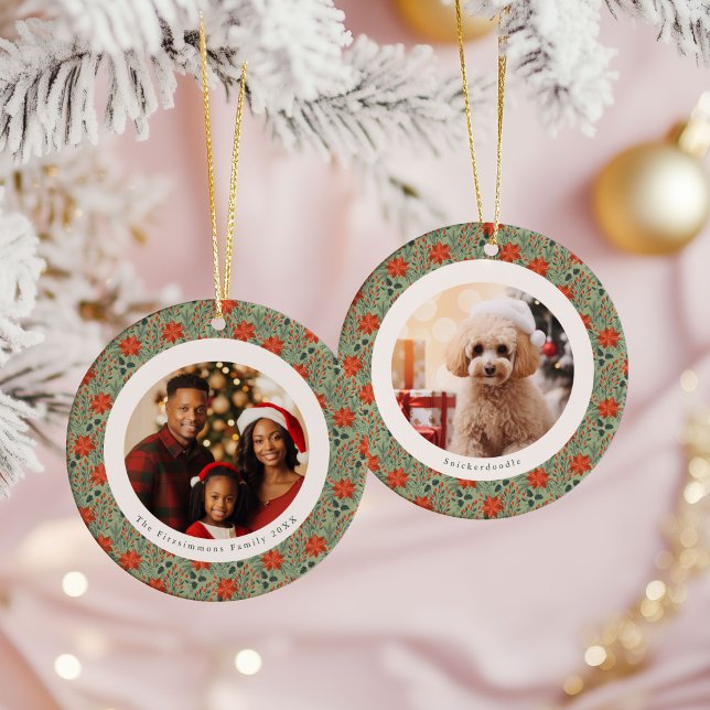 Sage Green Poinsettia 2 Family Photos Christmas Keramik Ornament (Poinsettia Season 2 Photo Christmas Ornament sage green)