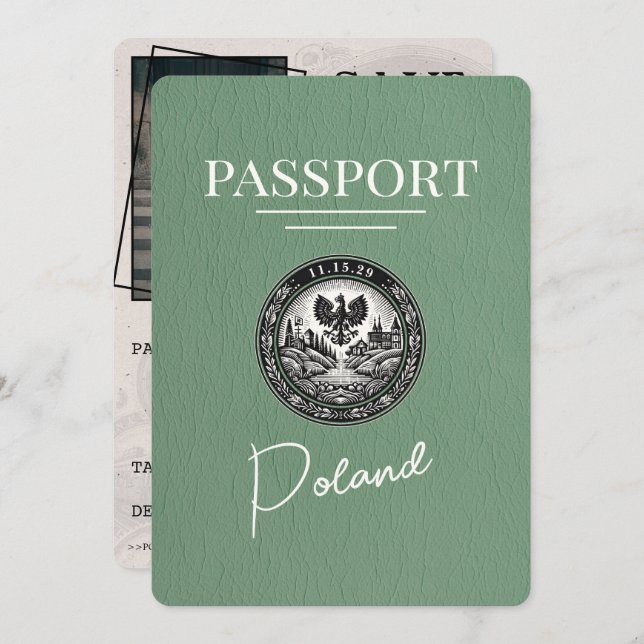 Sage Green Poland Passport Save the Date (Vorne/Hinten)