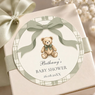 Sage Green Preppy Gingham Teddybär-Baby-Party Runder Aufkleber