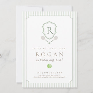 Sage Green Preppy Tennis Crest 1st Birthday invite Dankeskarte