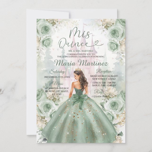 Sage Green Princess and Castle Floral Mis Quince Einladung (Vorderseite)