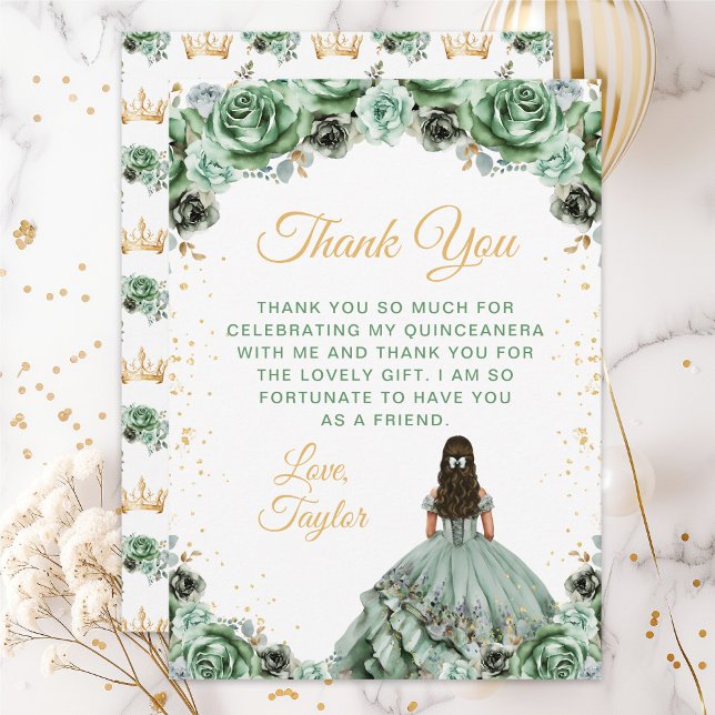 Sage Green Princess Floral Quinceañera Dankeskarte (Von Creator hochgeladen)