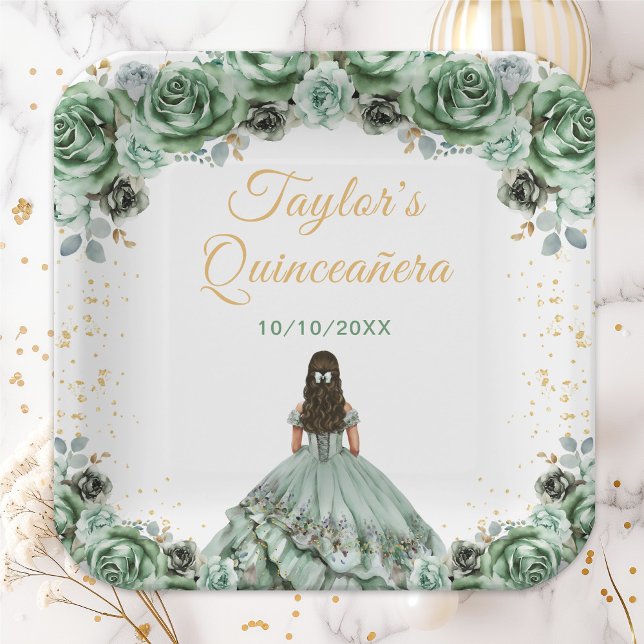 Sage Green Princess Floral Quinceañera Pappteller (Von Creator hochgeladen)