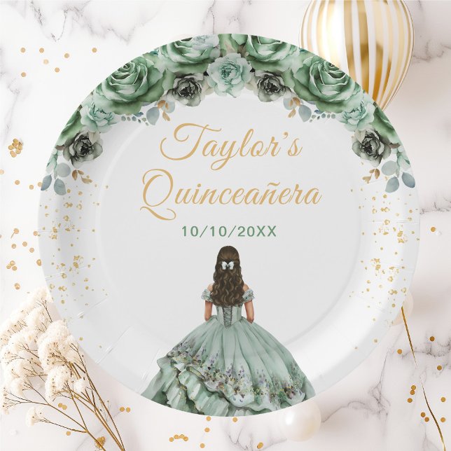 Sage Green Princess Floral Quinceañera Pappteller (Von Creator hochgeladen)