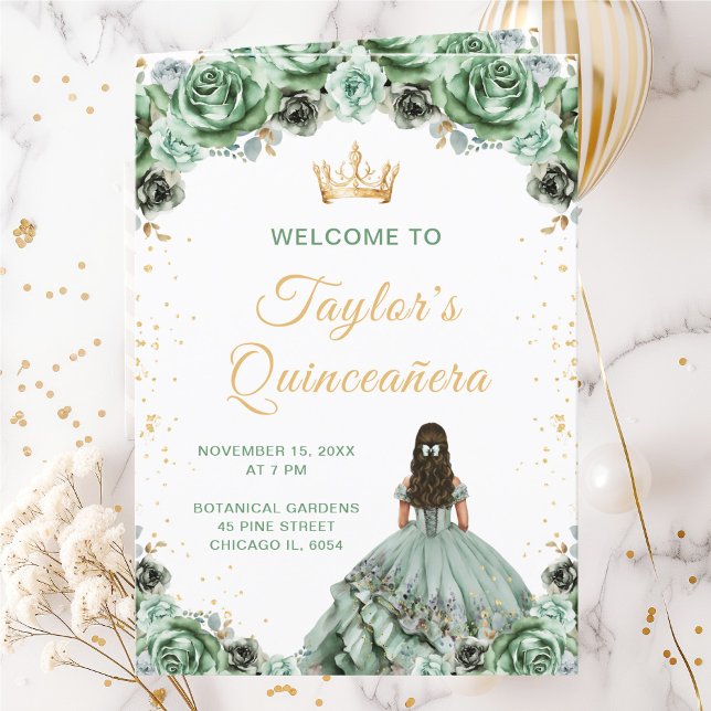 Sage Green Princess Floral Quinceañera Programm (Von Creator hochgeladen)