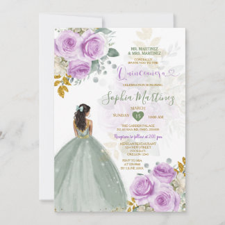 Sage Green Princess Lila Floral Gold Quiñceanera Einladung