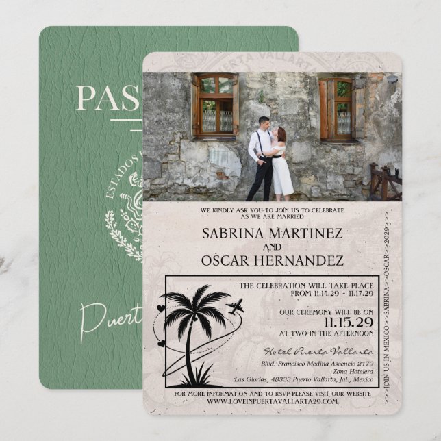 Sage Green Puerta Vallarta Passport Wedding Einladung (Vorne/Hinten)