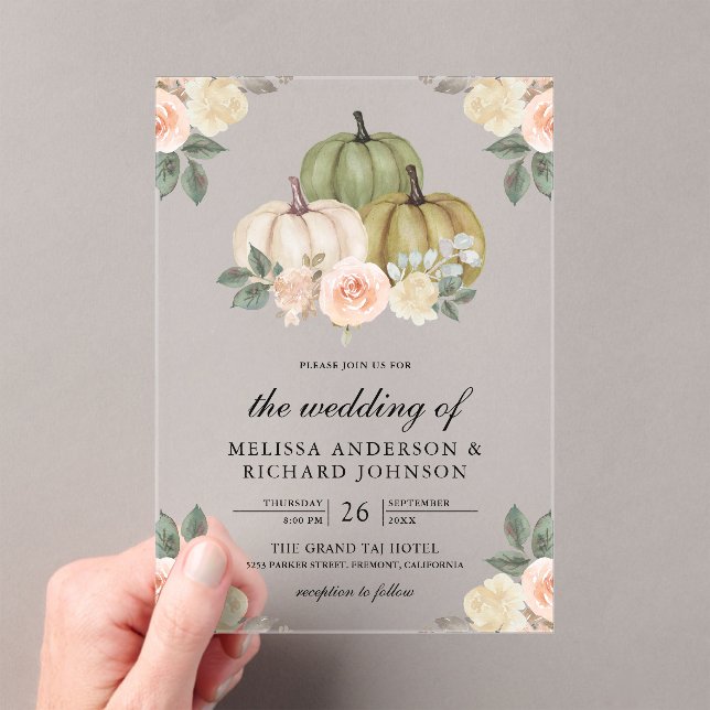 Sage Green Pumpkin and Dusty Peach Floral Wedding Acryleinladungen (Insitu (Handheld))