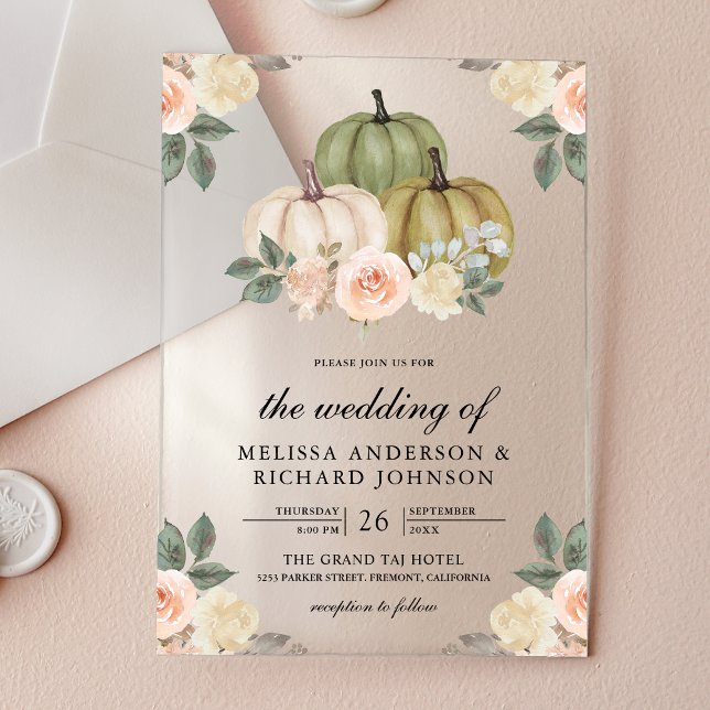 Sage Green Pumpkin and Dusty Peach Floral Wedding Acryleinladungen (Von Creator hochgeladen)