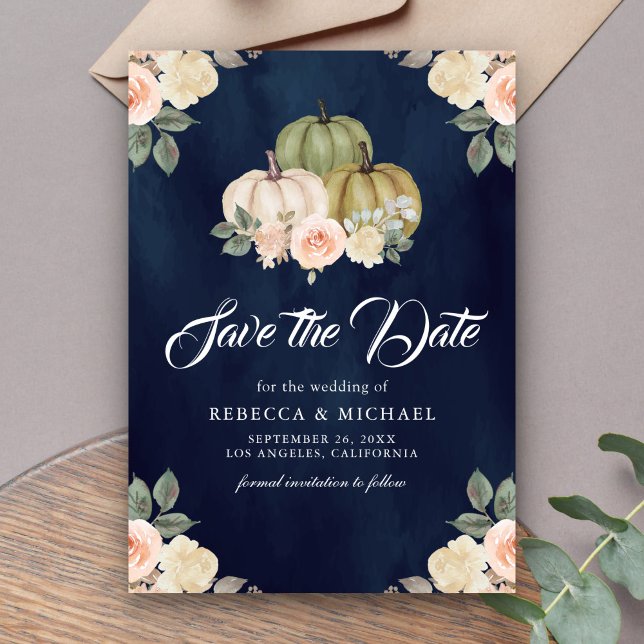 Sage Green Pumpkin Peach Floral Navy Hochzeit Save The Date (Von Creator hochgeladen)