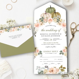 Sage Green Pumpkin und Dusty Peach Floral Wedding All In One Einladung