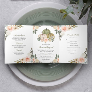 Sage Green Pumpkin und Dusty Peach Floral Wedding Dreifach Gefaltete Einladung