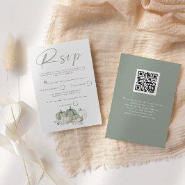 Sage Green Pumpkins Fall Florals Script QR Code RSVP Karte
