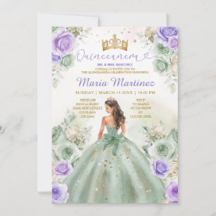 Sage Green & Purple Blumen Princess Quinceañera Einladung
