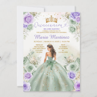 Sage Green & Purple Blumen Princess Quinceañera Einladung