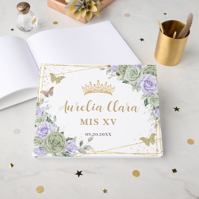 Sage Green Purple Floral Butterflies Quinceanera Gästebuch (Vorderseite Offen)