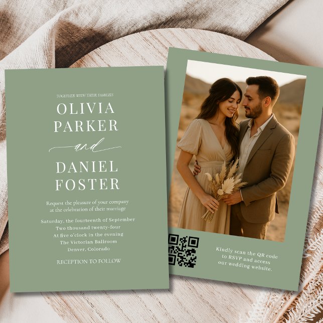 Sage Green QR Code Elegantes Foto Hochzeit Einladung (Von Creator hochgeladen)
