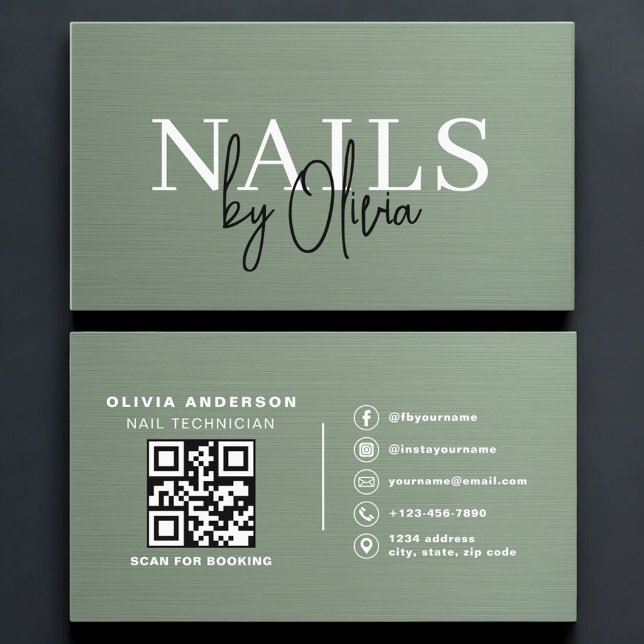 Sage Green QR Code Nail Specialist Metallic  Visitenkarte (Von Creator hochgeladen)
