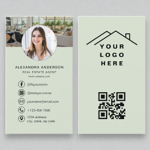 Sage Green QR Code Real Anwesen Agent Foto Logo Visitenkarte