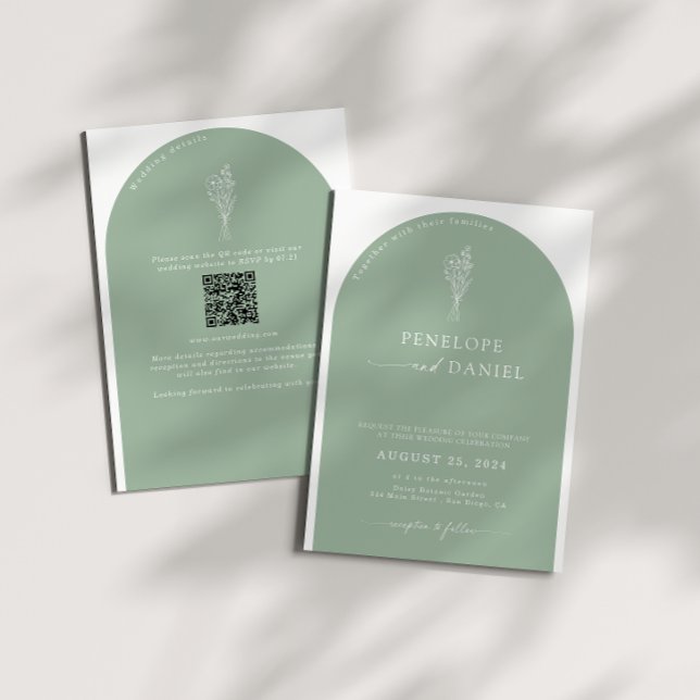 Sage Green QR Code Wedding Arch 2 in 1 Einladung (Von Creator hochgeladen)