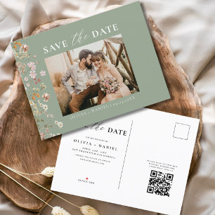 Sage Green QR Code Wildblume Blumenhochzeit Ankündigungspostkarte
