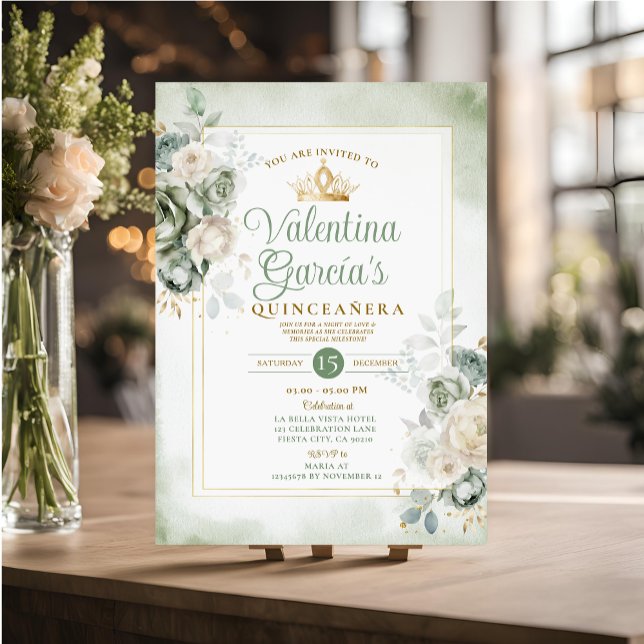 Sage Green Quinceañera 15 Anos Blume Goldkrone Einladung (Von Creator hochgeladen)