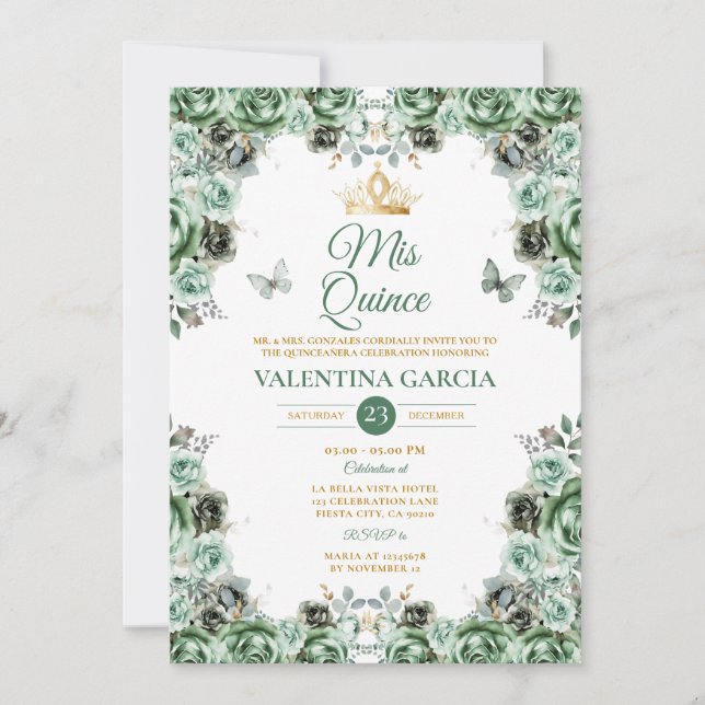 Sage Green Quinceañera 15 Anos Blume Goldkrone Einladung (Vorderseite)