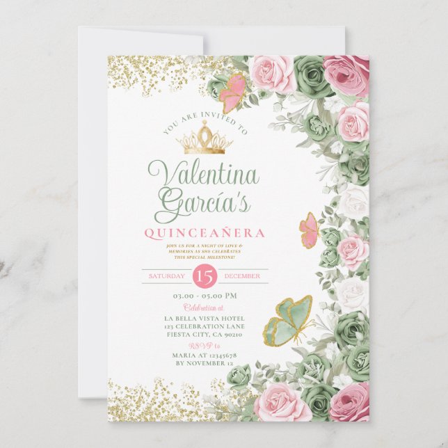 Sage Green Quinceañera 15 Anos Pink Blume Krone Einladung (Vorderseite)