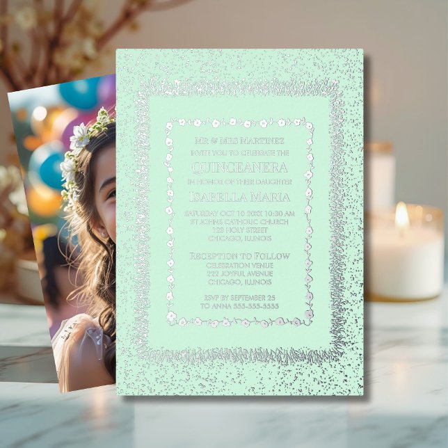 Sage Green Quinceañera Einladung Glam Sparkle (Von Creator hochgeladen)