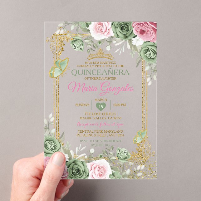 Sage Green Quinceañera Pink Gold Crown Butterfly Acryleinladungen (Insitu (Handheld))
