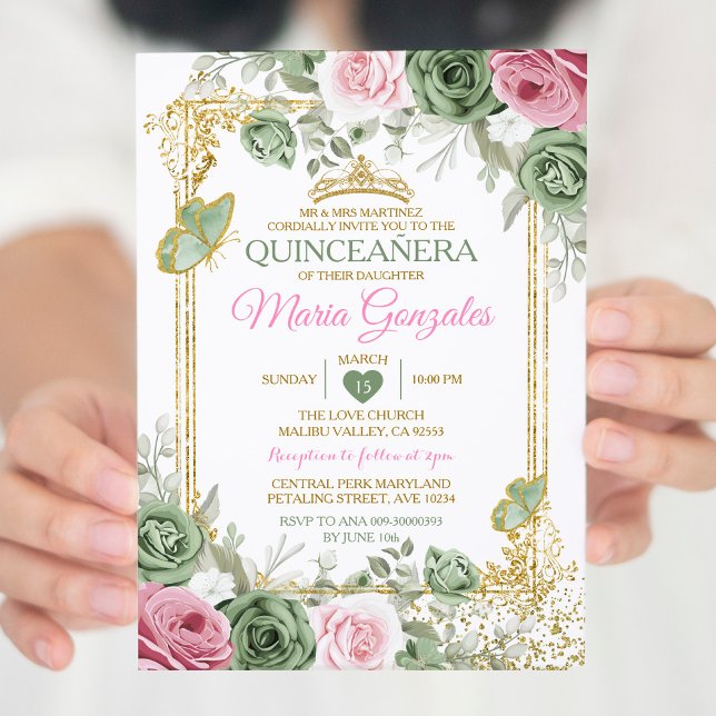 Sage Green Quinceañera Pink Gold Crown Butterfly Einladung (Von Creator hochgeladen)