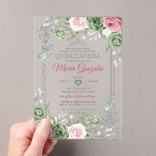 Sage Green Quinceañera Pink Silver Crown Butterfly Acryleinladungen