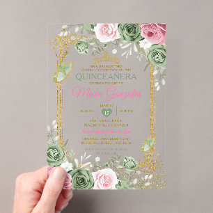 Sage Green Quinceañera Rosa Goldene Krone Schmette Acryleinladungen