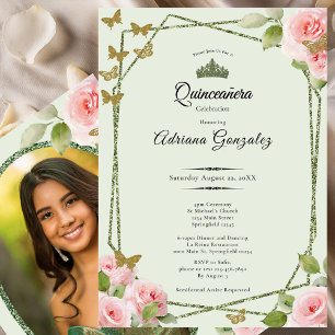 Sage Green Quinceanera Rosa Rosen Gold Schmetterli Einladung