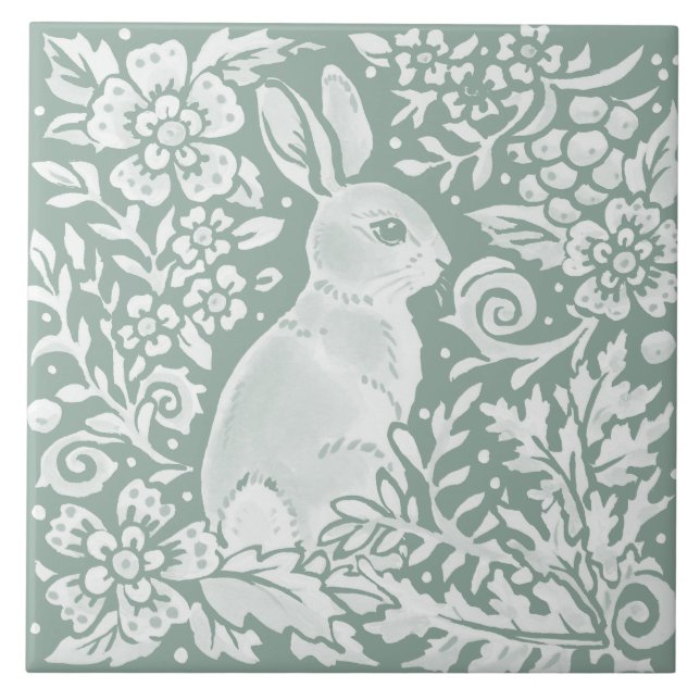 Sage Green Rabbit Woodland Szene Floral Fern Fliese (Vorderseite)