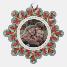 Sage Green Red Berries+Greenery Holiday Paper Ornament Karte