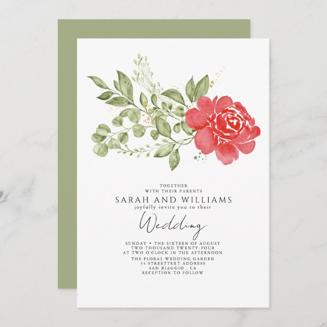 Sage Green Red Floral Boho Wedding Einladung (Vorne/Hinten)