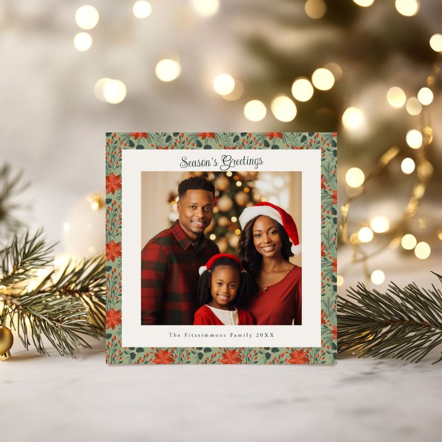 Sage Green & Red Poinsettia Foto Weihnachten Karte (Poinsettia Season Square Christmas Card sage green)