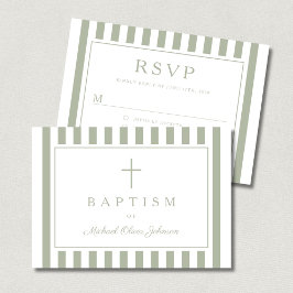 Sage Green Religious Cross Boy Baptism RSVP Karte