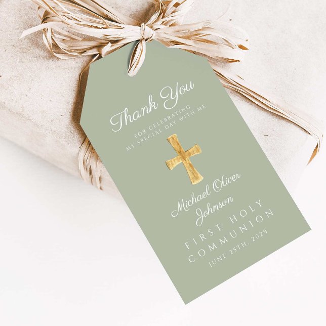 Sage Green Religious Cross Erste Kommune Geschenkanhänger (Sage Green Religious Cross First Communion Gift Tags)