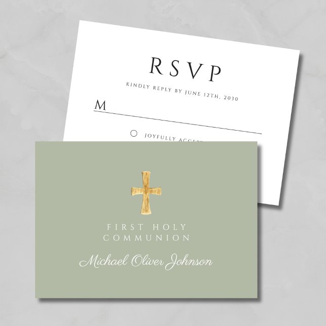 Sage Green Religious Cross Erste Kommune RSVP Karte (Sage Green Religious Cross First Communion RSVP Card)