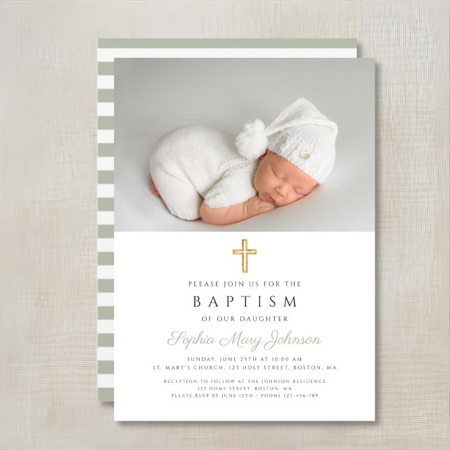 Sage Green Religious Cross Foto Taufe Einladung (Sage Green Religious Cross Stripes Photo Baptism Invitation)