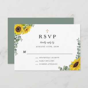 Sage Green Religious Cross Sunflower Wedding RSVP Karte