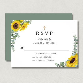 Sage Green Religious Cross Sunflower Wedding RSVP Karte