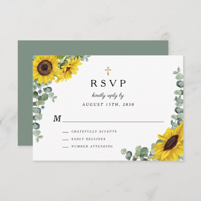 Sage Green Religious Cross Sunflower Wedding RSVP Karte (Vorne/Hinten)
