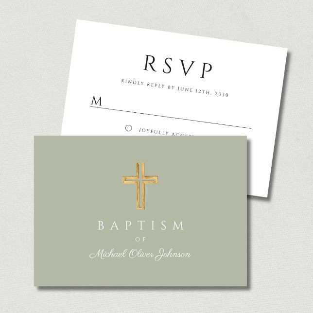 Sage Green Religious Wood Cross Taufe RSVP Karte (Sage Green Religious Wood Cross Baptism RSVP Card)